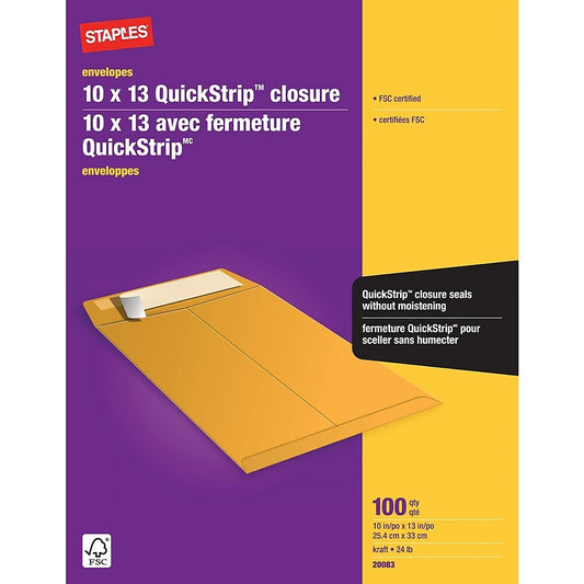 Staples Catalogue Envelopes with QuickStrip Flap - 10" x 13" - White, Kraft Yellow - 100 Pack