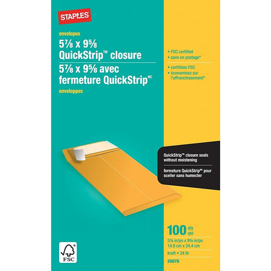 Staples Kraft Catalogue Envelopes with QuickStrip Closure - 5-7/8" x 9-5/8" - Yellow, White - 100 Pack