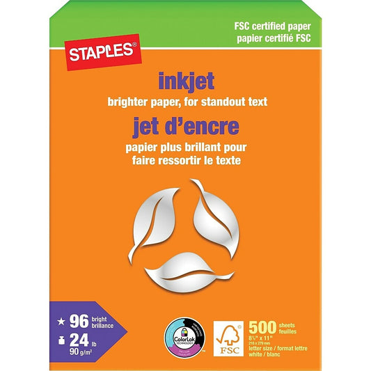 Staples FSC-Certified Inkjet Paper - 24 lb. - 8.5" x 11" - White - 500 Sheets