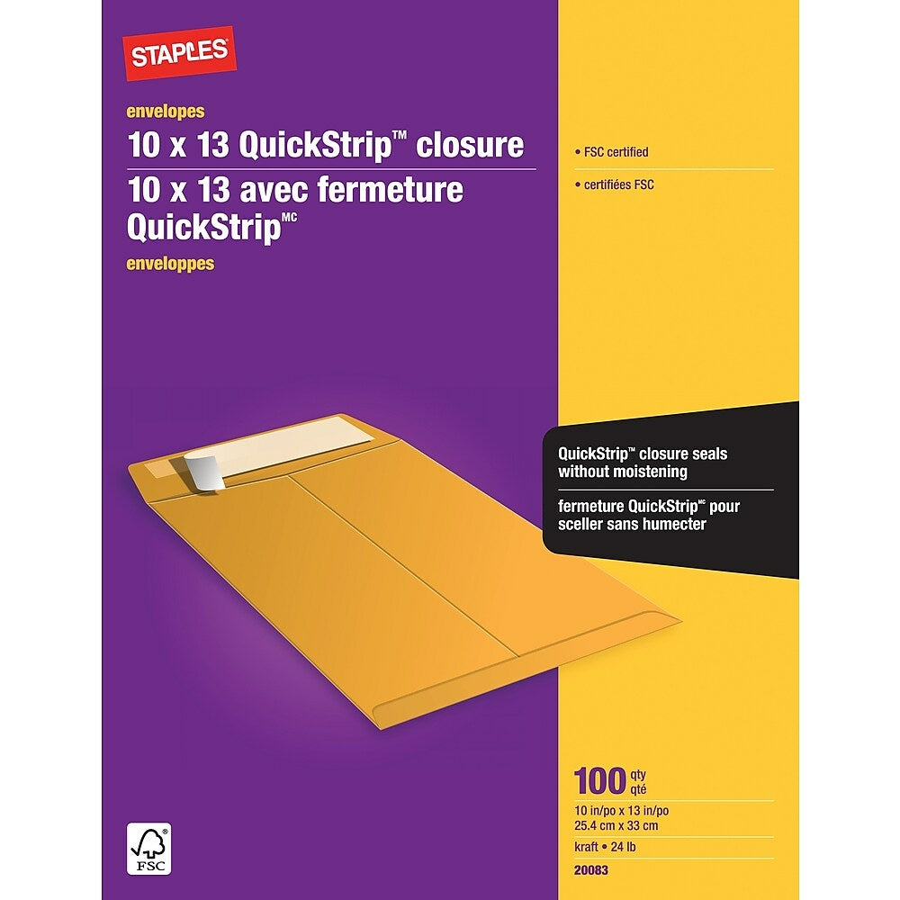 Staples Catalogue Envelopes with QuickStrip Flap - 10" x 13" - White, Kraft Yellow - 100 Pack