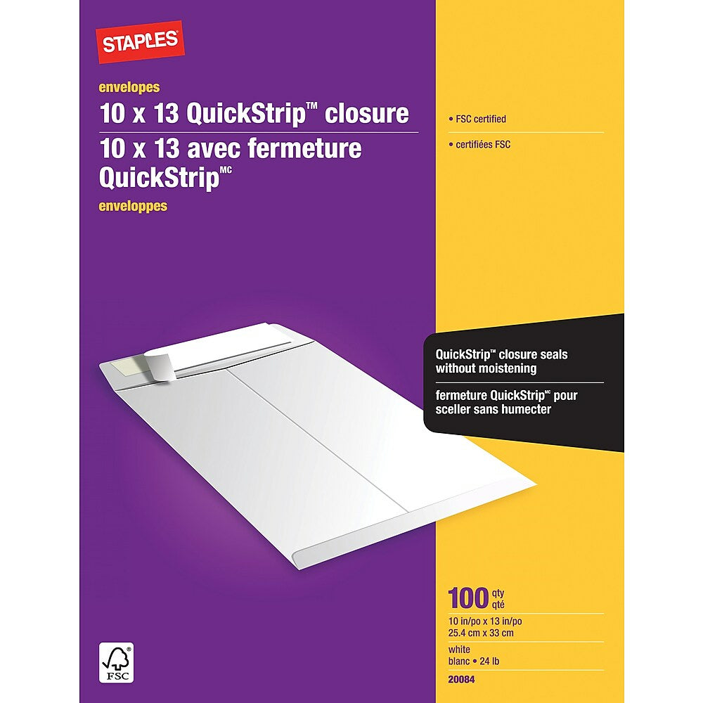 Staples Catalogue Envelopes with QuickStrip Flap - 10" x 13" - White, Kraft Yellow - 100 Pack