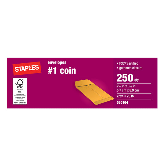 Staples 1 Kraft Coin Envelopes with Gummed Flaps - 2-1/4" x 3-1/2" - Brown - 250 Pack