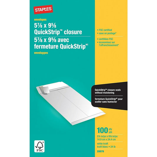 Staples Kraft Catalogue Envelopes with QuickStrip Closure - 5-7/8" x 9-5/8" - Yellow, White - 100 Pack