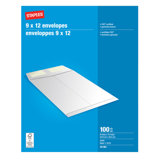 Staples Kraft Catalogue Envelopes with Gummed Flaps - 9" x 12" - White - 100 Pack