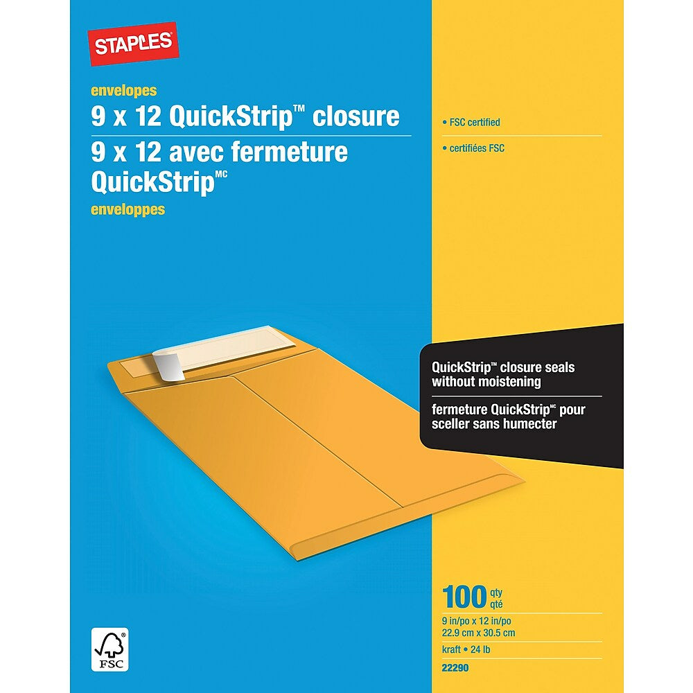 Staples Kraft Catalogue Envelopes with QuickStrip Closure - 9" x 12" - Brown - 100 Pack