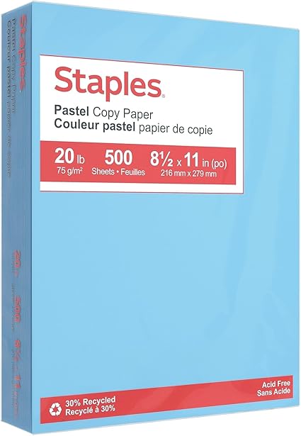 Staples 30% Recycled Pastel Colored Copy Paper - Letter - 8-1/2" x 11" -  500 Sheets