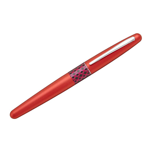 Red pen with a silver clip on a white background