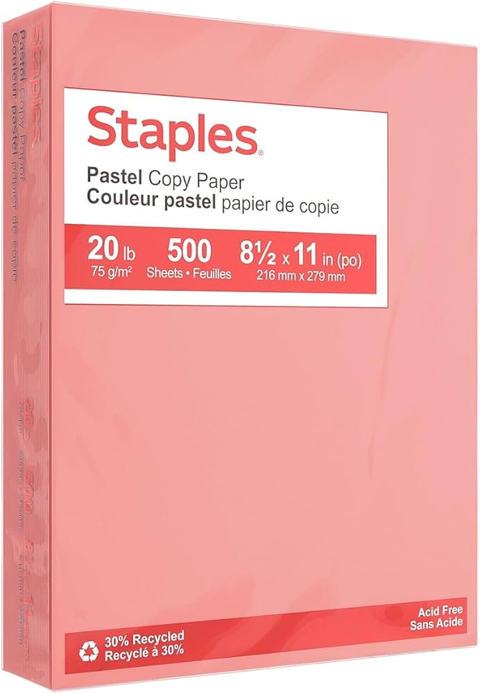 Staples 30% Recycled Pastel Colored Copy Paper - Letter - 8-1/2" x 11" -  500 Sheets